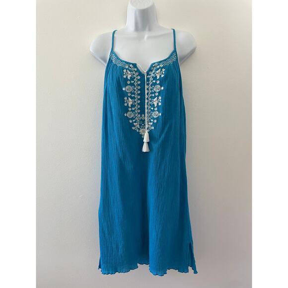 Pink Chicken Dress Womens Medium Blue Boho Hippie Gauzy Embroidered Flowy Tassel - Picture 1 of 13